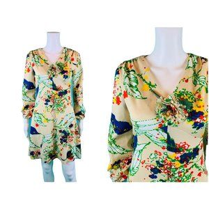 Vintage 1970s Artistic Mini Dress Beige Colorful Flower Pin | W 28-31"